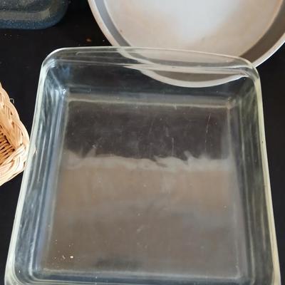 Glass cake dish - broiler pan - Pie pan and a basket for the cake dish