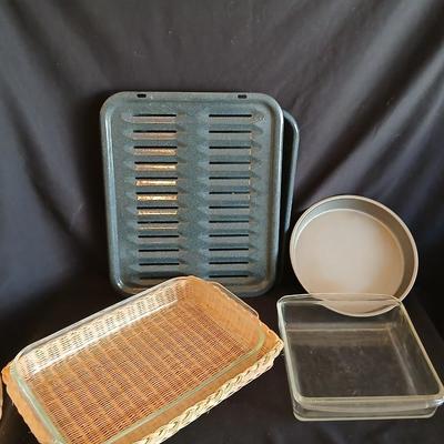 Glass cake dish - broiler pan - Pie pan and a basket for the cake dish