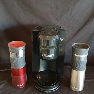 Mr. Coffee Keurig with two Contigo coffee mugs