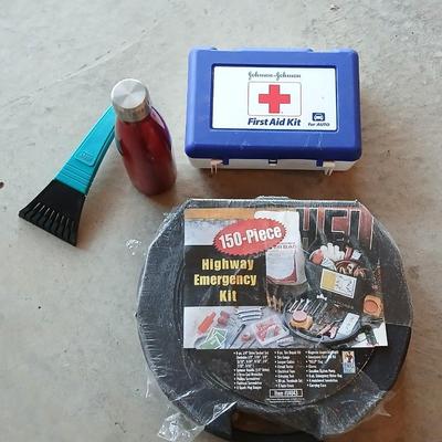 150 Piece Highway emergency kit with first aid kit / box a steel water bottle and a window scraper