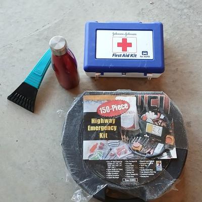 150 Piece Highway emergency kit with first aid kit / box a steel water bottle and a window scraper