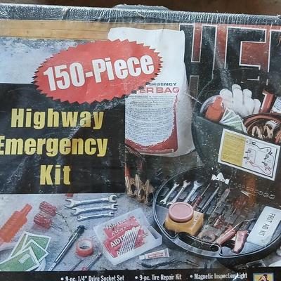 150 Piece Highway emergency kit with first aid kit / box a steel water bottle and a window scraper