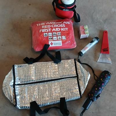 Large cooler bag - water bottle - red cross first aid kit and other auto survival necessities