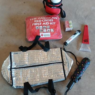 Large cooler bag - water bottle - red cross first aid kit and other auto survival necessities