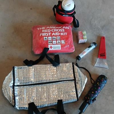 Large cooler bag - water bottle - red cross first aid kit and other auto survival necessities