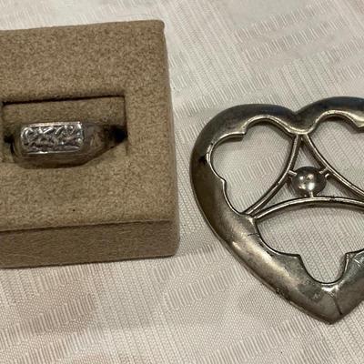 Vintage Sterling ring & metal heart scarf holder