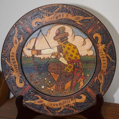 ANTIQUE RUSSIAN CARVED HAND COLORED 13" WOODEN PLATE W/ ARCHER/ LIONS MEDIEVIAL STYLE