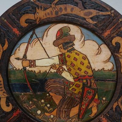 ANTIQUE RUSSIAN CARVED HAND COLORED 13" WOODEN PLATE W/ ARCHER/ LIONS MEDIEVIAL STYLE