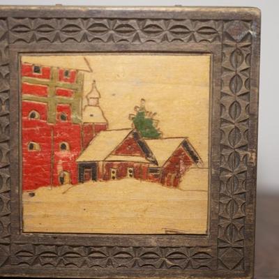 ANTIQUE FROM RUSSIA FOUR WOODEN FOLK ART BOXES OF CARVED BOXES W/ HAND PAINTED WINTER SCENES