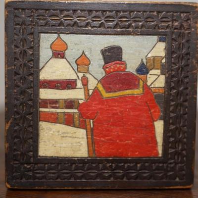 ANTIQUE FROM RUSSIA FOUR WOODEN FOLK ART BOXES OF CARVED BOXES W/ HAND PAINTED WINTER SCENES