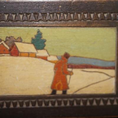ANTIQUE FROM RUSSIA FOUR WOODEN FOLK ART BOXES OF CARVED BOXES W/ HAND PAINTED WINTER SCENES