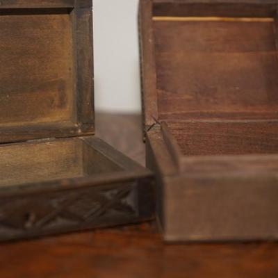 ANTIQUE FROM RUSSIA FOUR WOODEN FOLK ART BOXES OF CARVED BOXES W/ HAND PAINTED WINTER SCENES