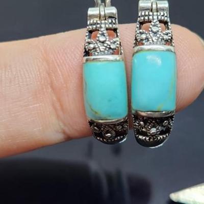 Sterling Silver Faux Turquoise Hoop Earrings 1 Inch