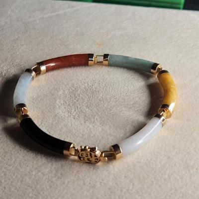 14k Multi Color Tubular Link Jade Bracelet Good Luck Clasp