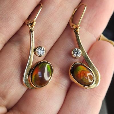 Very Rare 14k Gold Mexican Fire Agate Diamond Earrings