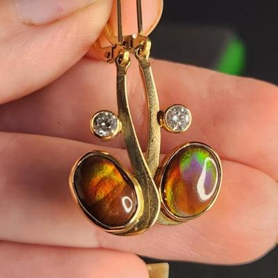 Very Rare 14k Gold Mexican Fire Agate Diamond Earrings