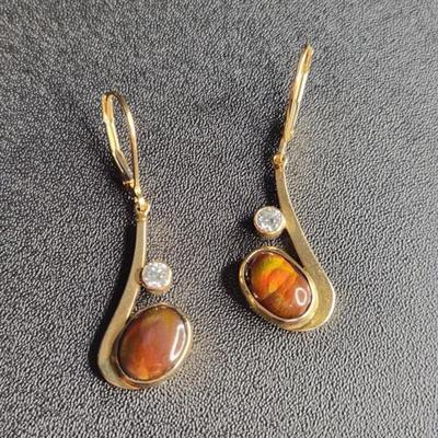 Very Rare 14k Gold Mexican Fire Agate Diamond Earrings