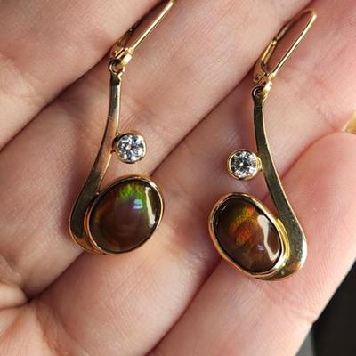 Very Rare 14k Gold Mexican Fire Agate Diamond Earrings