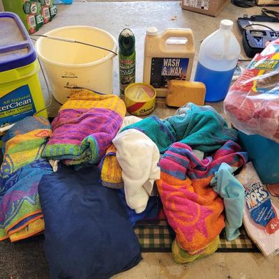 Lot of car wash items and shop towels