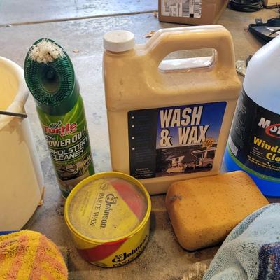 Lot of car wash items and shop towels