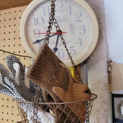 Hanging basket with essentials, 2 pairs small gloves &clock