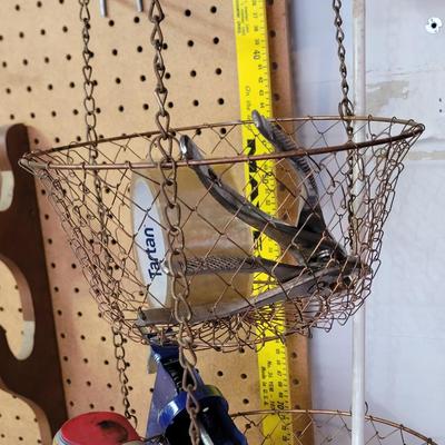 Hanging basket with essentials, 2 pairs small gloves &clock