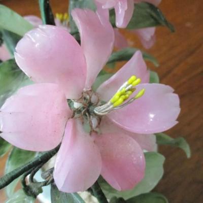 Vtg carved gemstone flowered-jade leaf plant w/celadon pot