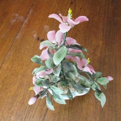 Vtg carved gemstone flowered-jade leaf plant w/celadon pot