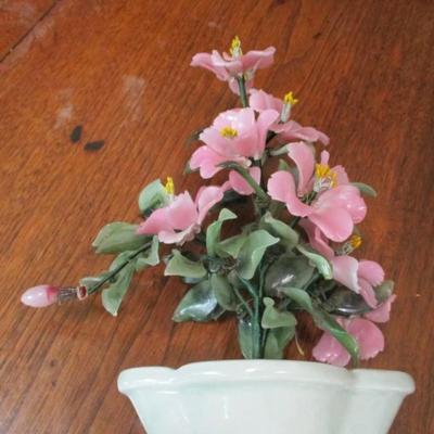 Vtg carved gemstone flowered-jade leaf plant w/celadon pot