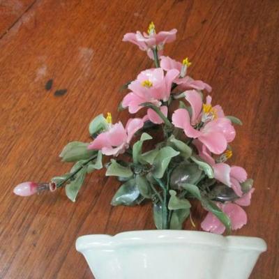 Vtg carved gemstone flowered-jade leaf plant w/celadon pot