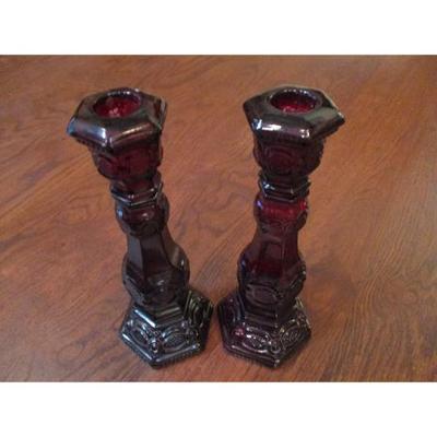 Vintage pair of Cape Cod ruby red Avon candlesticks