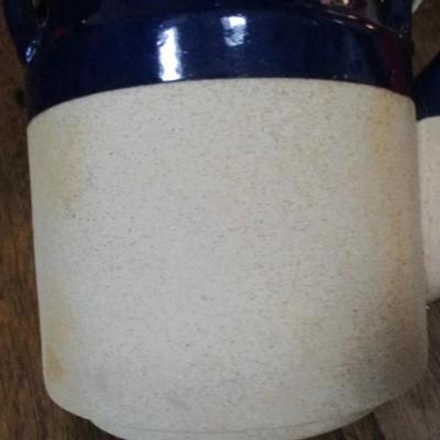 Vintage cobalt blue stoneware teapot with rattan handle