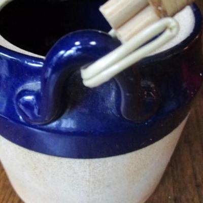 Vintage cobalt blue stoneware teapot with rattan handle