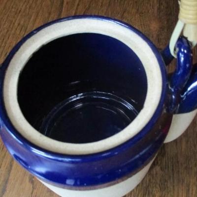 Vintage cobalt blue stoneware teapot with rattan handle