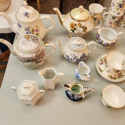 Collection of Tea Pots Cups Saucers Creamer Sugar Bowls Plates Gibsons, Johnson Brothers RS Germany Porcelain