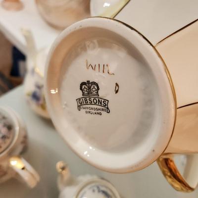 Collection of Tea Pots Cups Saucers Creamer Sugar Bowls Plates Gibsons, Johnson Brothers RS Germany Porcelain