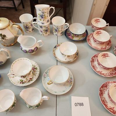 Collection of Tea Pots Cups Saucers Creamer Sugar Bowls Plates Gibsons, Johnson Brothers RS Germany Porcelain