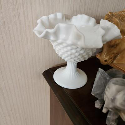 Lot of Collectibles Milk Glass Horse head Book Ends Elephants, Belleek, Lenox USA