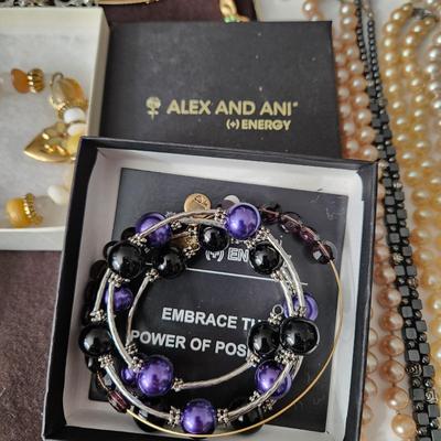 Large Lot Costume Jewelry Monet , Talbots, Pulsar, Avon, Trifari Earings Necklaces , Pins, Watch, Alex & Ani2 Boxes .