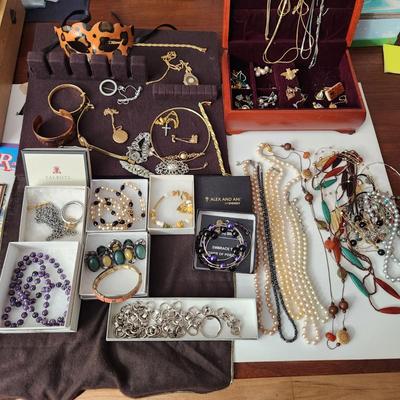 Large Lot Costume Jewelry Monet , Talbots, Pulsar, Avon, Trifari Earings Necklaces , Pins, Watch, Alex & Ani2 Boxes .