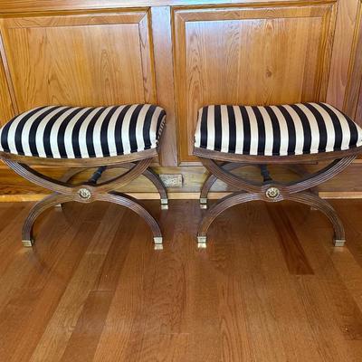 DREXEL Pair of Mahogany and Fabric Stools by Shirley Bracket