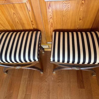 DREXEL Pair of Mahogany and Fabric Stools by Shirley Bracket