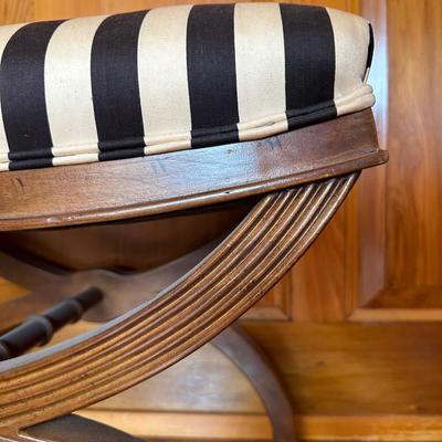 DREXEL Pair of Mahogany and Fabric Stools by Shirley Bracket