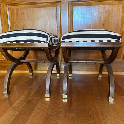 DREXEL Pair of Mahogany and Fabric Stools by Shirley Bracket