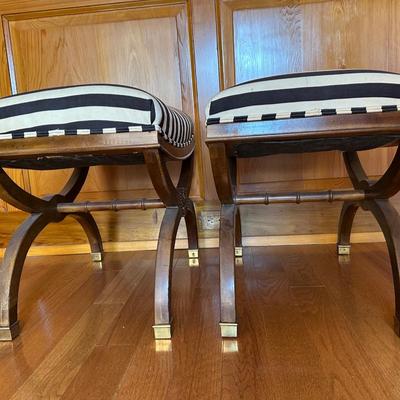 DREXEL Pair of Mahogany and Fabric Stools by Shirley Bracket