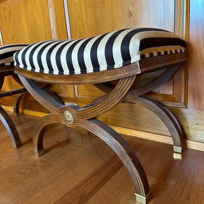 DREXEL Pair of Mahogany and Fabric Stools by Shirley Bracket