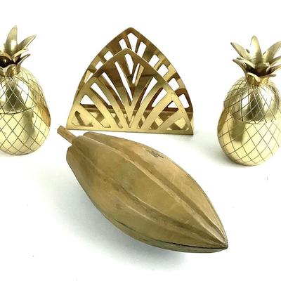195. "Vintage Brass Decor Set - Pineapples, Fan- Styled Napkin Holder, and Decorative Papaya"