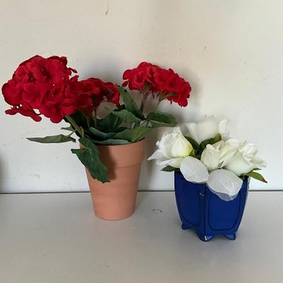 325 Red Flower Arrangement In Clay Pot With Yellow Flowers In Blue Vase
