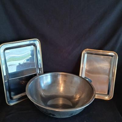 Mom's BIG popcorn bowl and two serving trays with some cookbooks