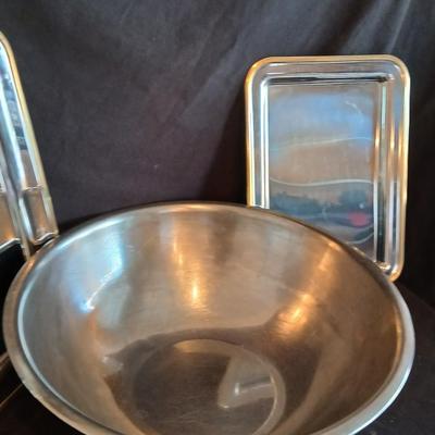 Mom's BIG popcorn bowl and two serving trays with some cookbooks